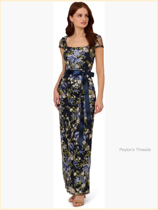 Dresses & Skirts - Embroidered Floral Maxi Column Gown Square Neck Cap Sleeve Formal